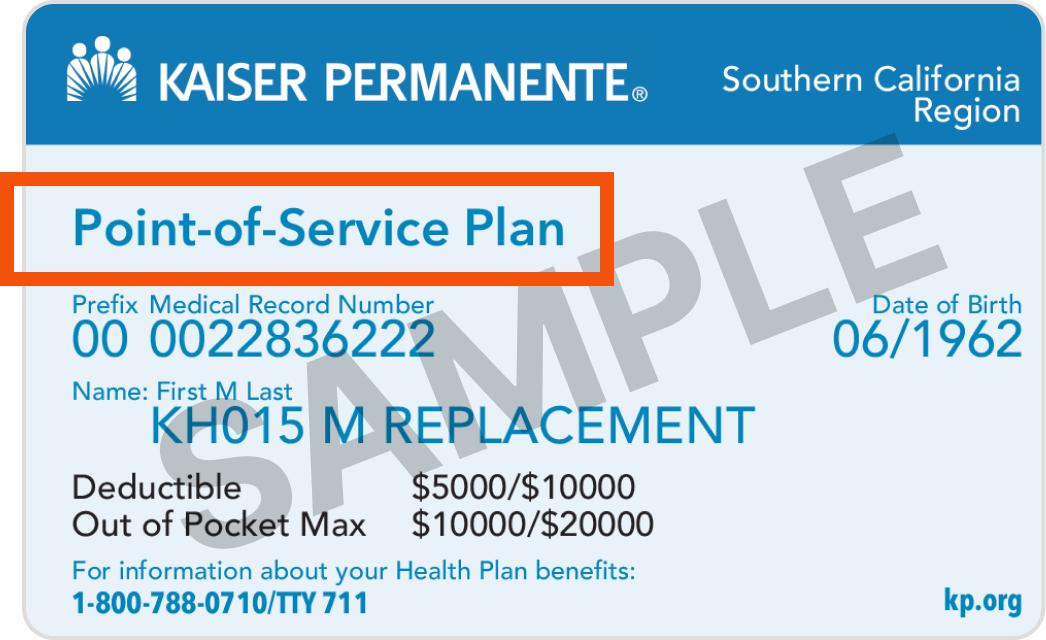 Sample member card with Point-of-Service Plan highlighted in the upper left corner of the card.